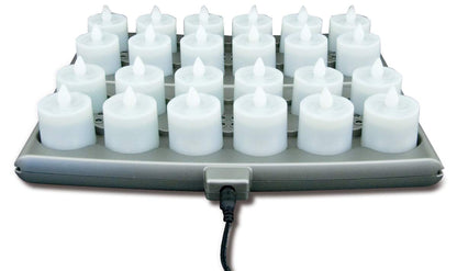 Hollowick® Platinum+™ Flameless Rechargeable Set: (24) Amber LED Candles, (2) Charging Trays, (1) Power Supply