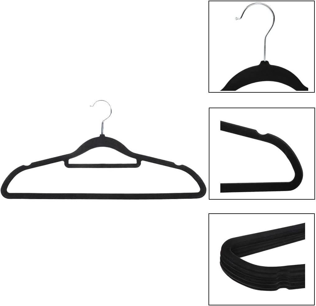 Velvet Non-Slip Hangers 10-Pack - Flocked Slim Suit Hangers with 360° Rotating Hook | Space-Saving Closet Organizer (Black)