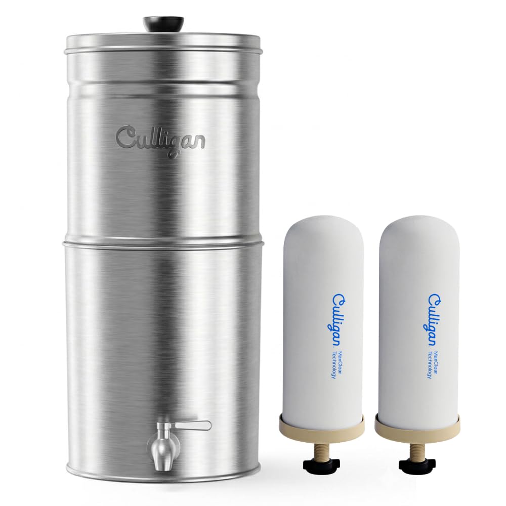 Culligan MaxClear 3 Gallon Gravity Water Filter System, Brushed Stainless-Steel Countertop Water Filter NSF/ANSI Certified to Reduce Microplastics, Lead & Total PFAS, with 2 Ceramic Filters
