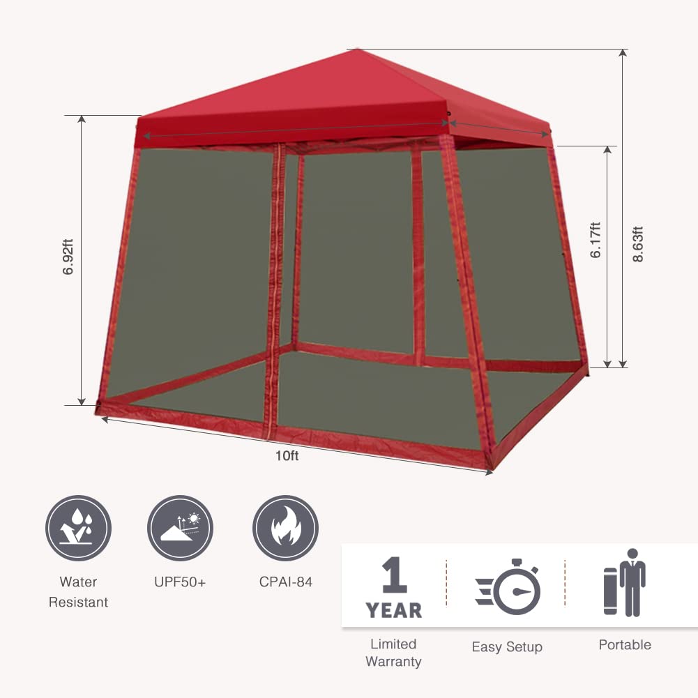 COOS BAY 10x10 Pop Up Canopy Tent with Screen Netting, Slant Leg Canopy with UPF 50+ UV Protection, 64 Sq Ft Shade, One Person Setup with Carry Bag, Red
