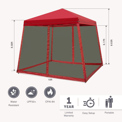 COOS BAY 10x10 Pop Up Canopy Tent with Screen Netting, Slant Leg Canopy with UPF 50+ UV Protection, 64 Sq Ft Shade, One Person Setup with Carry Bag, Red