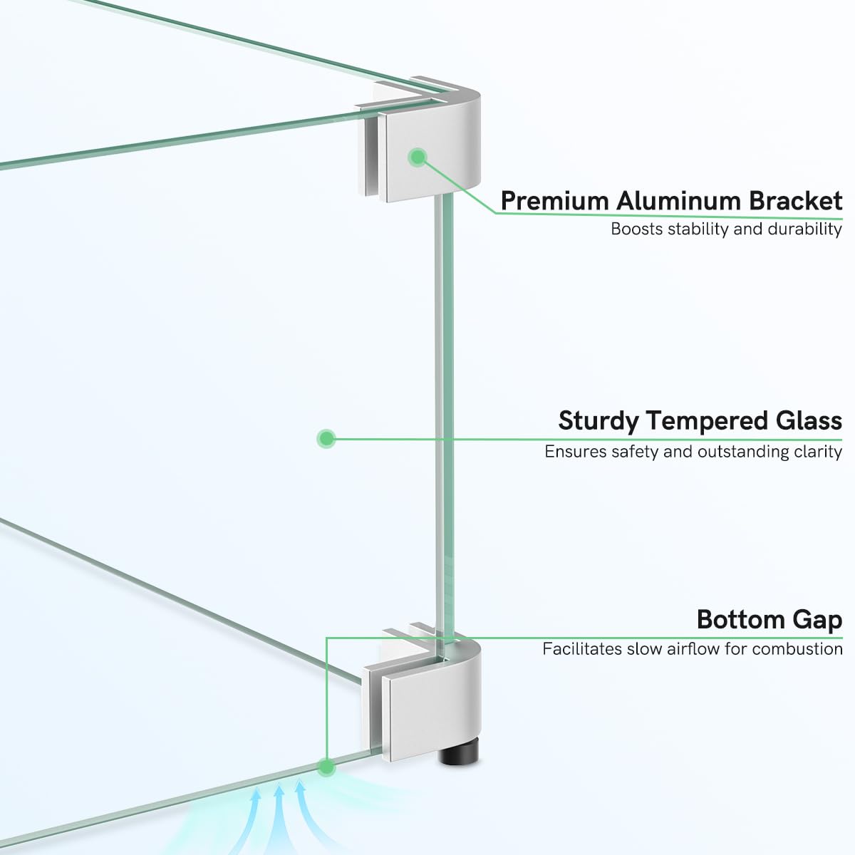 BriSunshine 41.5 x 13.5 x 6 Inch Glass Wind Guard for Propane Gas Fire Pit Table, Rectangular Thick Tempered Glass Shield, Firepit Glass Barrier with Aluminum Corner Bracket & Rubber Feet
