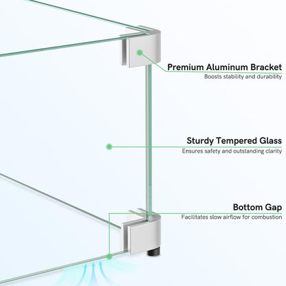 BriSunshine 41.5 x 13.5 x 6 Inch Glass Wind Guard for Propane Gas Fire Pit Table, Rectangular Thick Tempered Glass Shield, Firepit Glass Barrier with Aluminum Corner Bracket & Rubber Feet