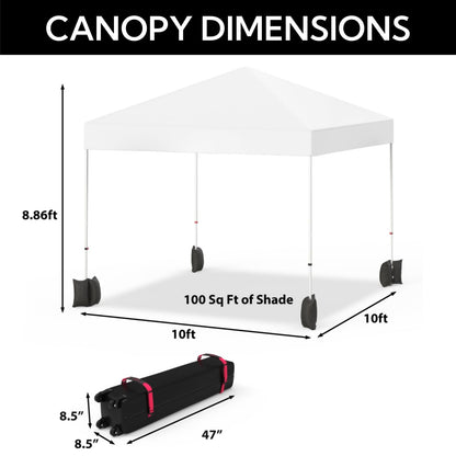 Hipicute Pop Up Canopy Tent 10x10ft, 1-Person Setup Instant Tent Shelter, Portable Commercial Outdoor Canopies w/Roller Bag, 4 Weight Bags 4 Ropes & 8 Stakes for Beach Events Parties Camping, White
