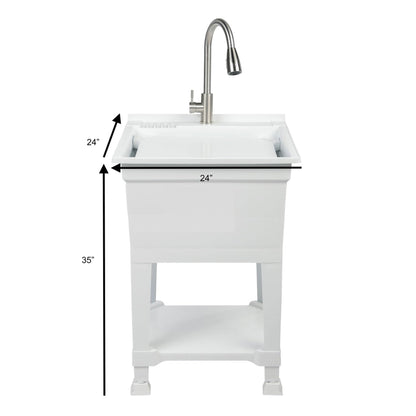 UTILITYSINKS Freestanding Utility Tub Sink with Quick Connect Drain, 24 x 24", White - Portable and Compact Sink with Faucet for Outdoor Kitchen, Laundry Room, Garage, and Basement