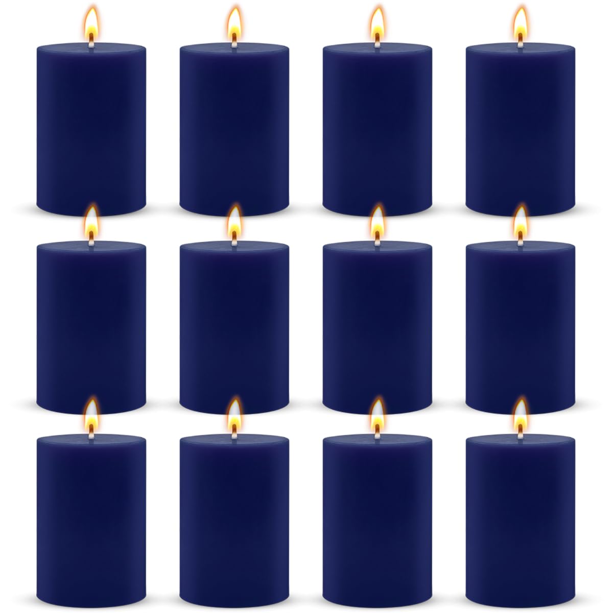 2x3 Inch Navy-Blue Pillar Candles, 12 Pack Unscented Column Candles for Home Restaurants Spa Church Weddings, Smokeless Dripless and Clean Burning Emergency Candle