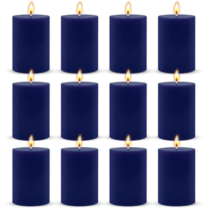 2x3 Inch Navy-Blue Pillar Candles, 12 Pack Unscented Column Candles for Home Restaurants Spa Church Weddings, Smokeless Dripless and Clean Burning Emergency Candle
