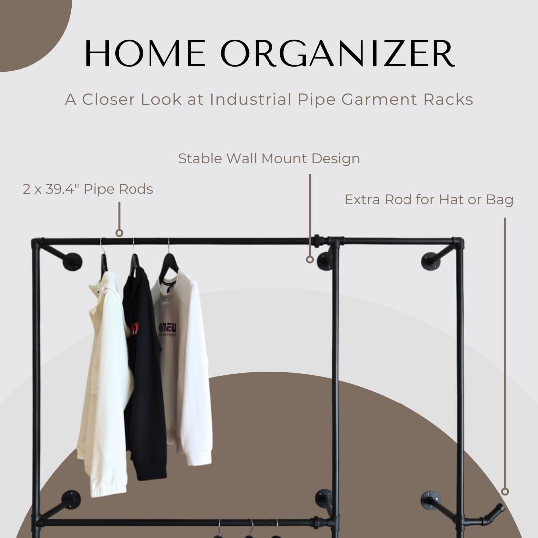 Anynice Black Industrial Pipe Clothing Rack 62.5" W Wall Mounted, Heavy Duty Iron Garment Rack 150 lbs per Rod, Open Closet Organizer for Bedroom Laundry Room Retail Display