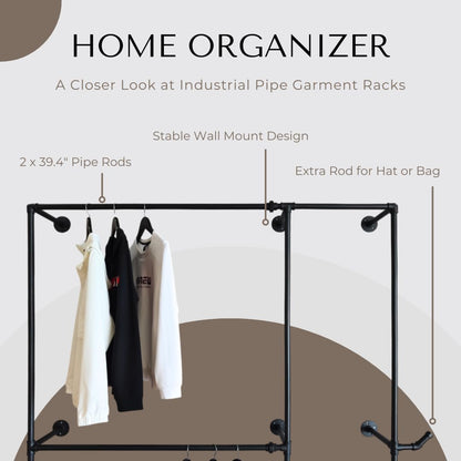 Anynice Black Industrial Pipe Clothing Rack 62.5" W Wall Mounted, Heavy Duty Iron Garment Rack 150 lbs per Rod, Open Closet Organizer for Bedroom Laundry Room Retail Display