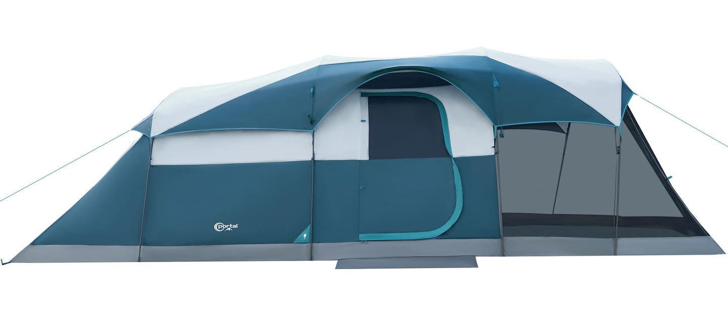 Portal 8 Person Family Camping Tent with Screen Porch, Waterproof Tunnel Tent with Raifly, Large Tents for Outdoor Camping, Yard