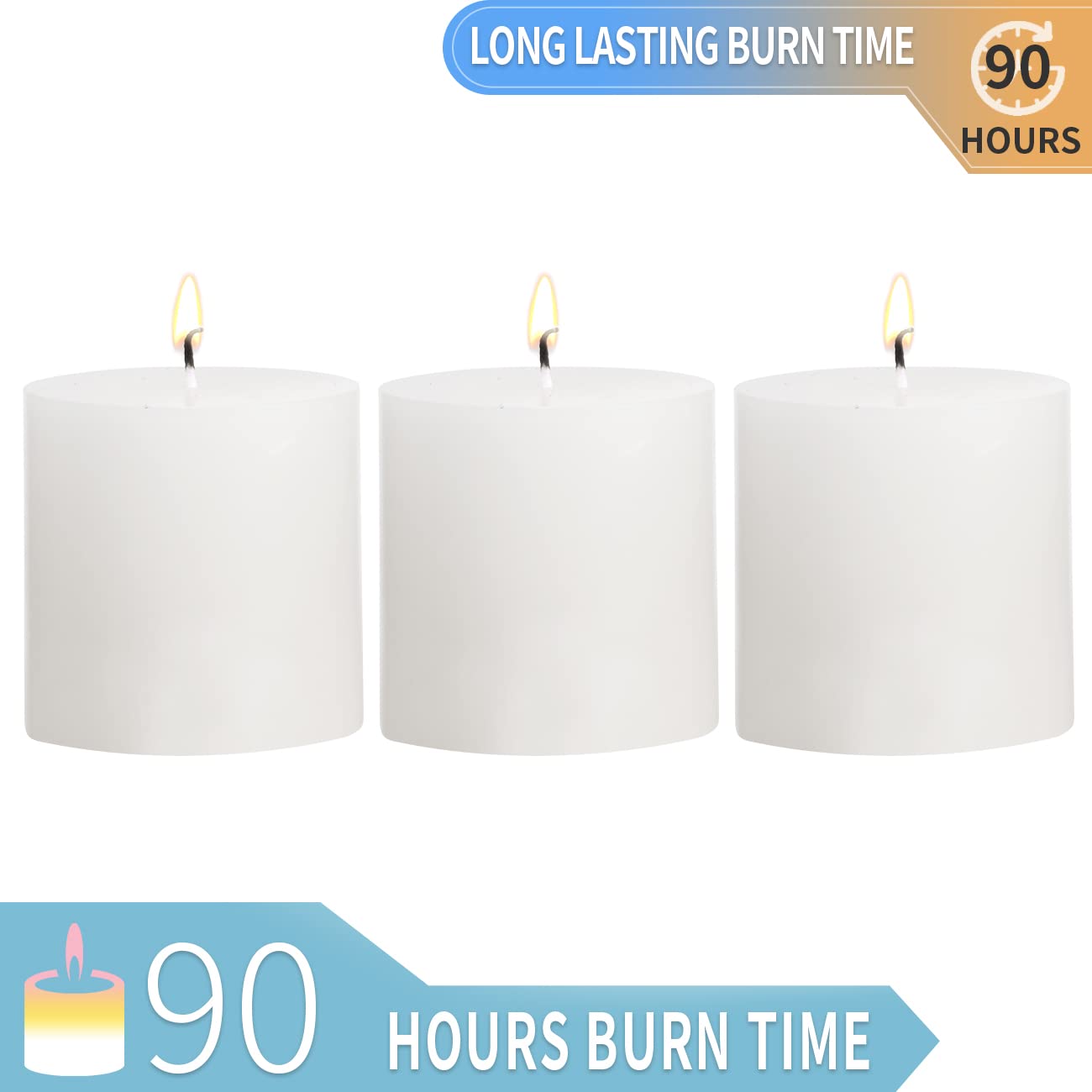 3×3 White Pillar Candles Set of 3 Unscented Handpoured Weddings, Home Decoration, Restaurants, Spa, Church Smokeless Cotton Wick 90 Hour