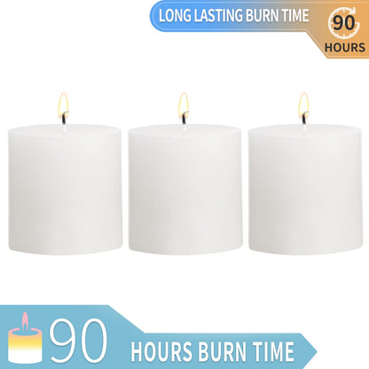 3×3 White Pillar Candles Set of 3 Unscented Handpoured Weddings, Home Decoration, Restaurants, Spa, Church Smokeless Cotton Wick 90 Hour