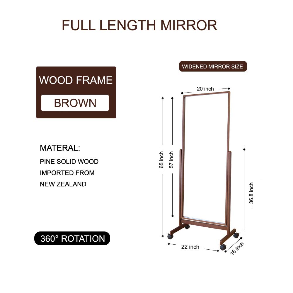 AISUNDY Swivel Full Length Mirror on Wheels 65"x22", Free Standing Wood Frame Cheval Floor Mirror for Dressing, Full Body with Stands, Tilt Angle Adjustable, Brown