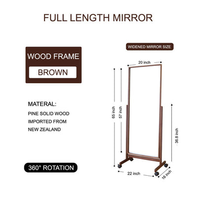 AISUNDY Swivel Full Length Mirror on Wheels 65"x22", Free Standing Wood Frame Cheval Floor Mirror for Dressing, Full Body with Stands, Tilt Angle Adjustable, Brown