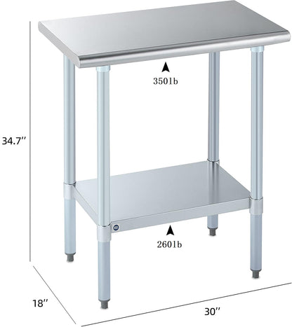ROCKPOINT Stainless Steel Table for Prep & Work 18x30 Inches, NSF Metal Commercial Kitchen Heavy Duty Table with Adjustable Under Shelf and Table Foot for Restaurant, Home and Hotel