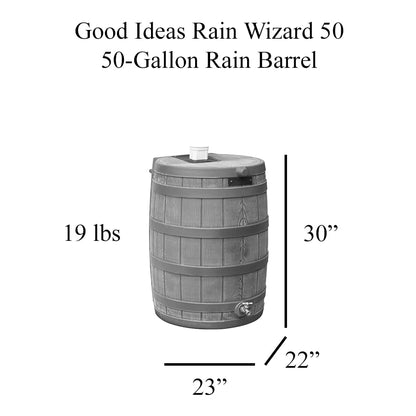 Good Ideas Rain Wizard 50 Gallon Plastic Outdoor Rain Barrel Water Storage Collector with Brass Spigot and Flat Back Design, Black