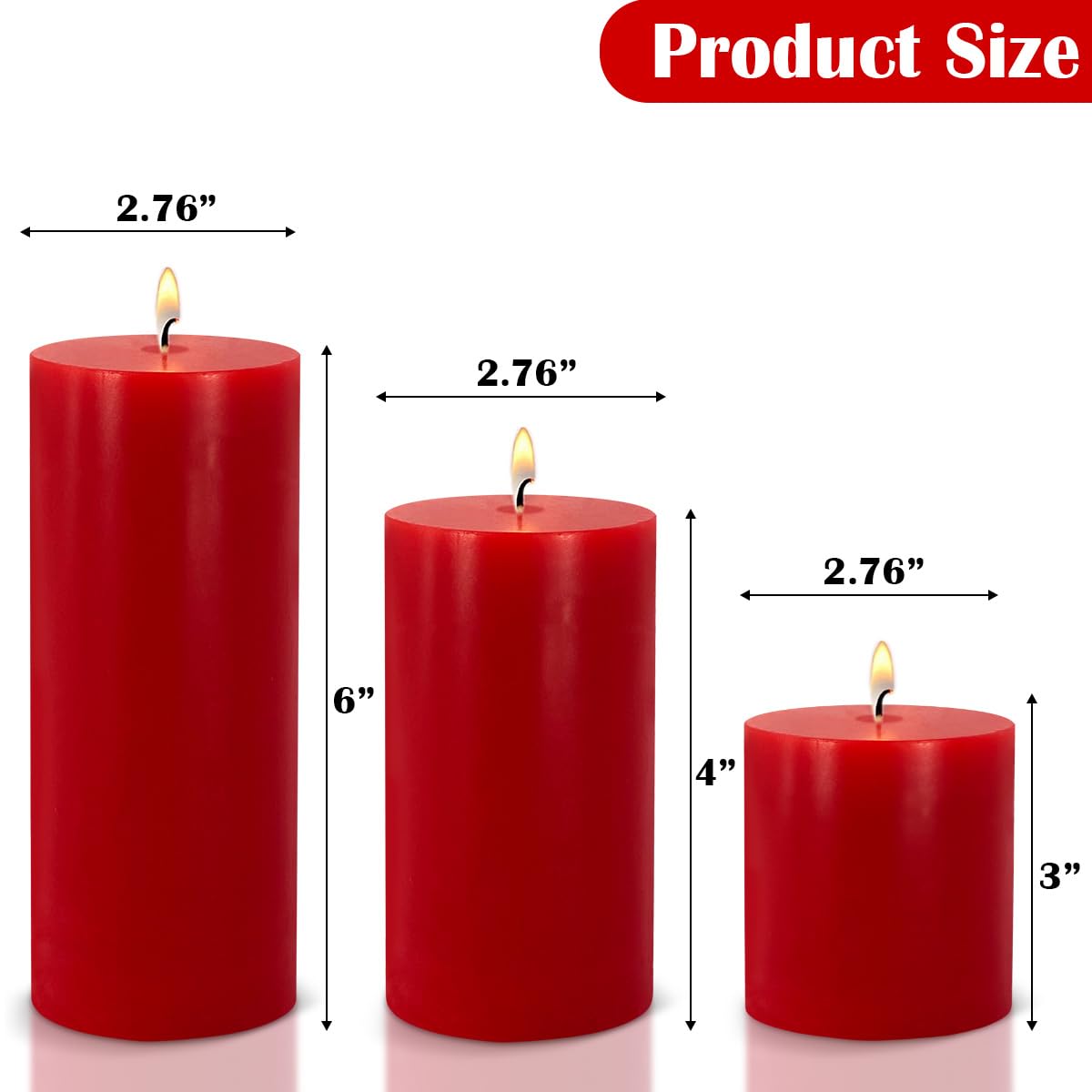 Red Pillar Candles - Unscented Pillar Candles Set of 3 - Dripless, Smokeless for All Occasions (3” W x 3”, 4”, and 6” H), Enjoy Over 150 Hours of Total Burn Time