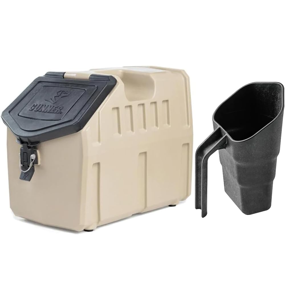 GUNNER 50 lbs Tan Dog Food Storage Container with Measuring Scoop – Waterproof & Airtight Pet Food Bin for Dry Food, Corn, Chicken Feed, Bird Seed & Treats – 3 Cup Ergonomic Scooper with Markers