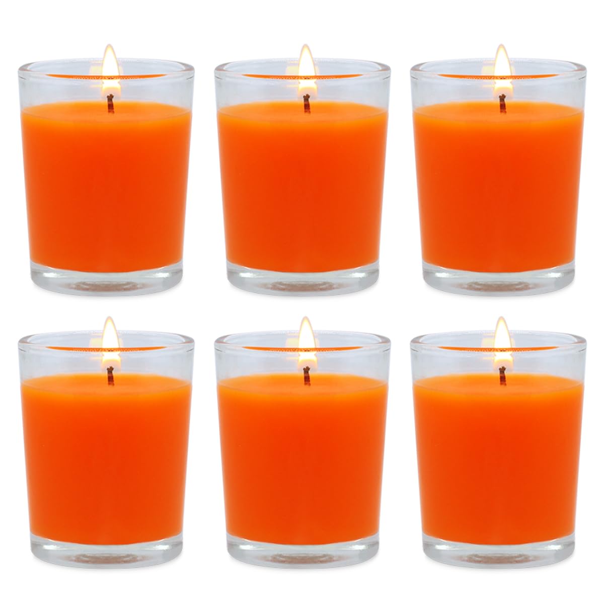 6 Pack Unscented Orange Votive Candles in Glass, 2 Inch Natural Soy Wax Scentless Fall Harvest Autumn Candles for Halloween Thanksgiving Wedding Party Home Holiday Relaxation, 12-15 Hour Burning Time