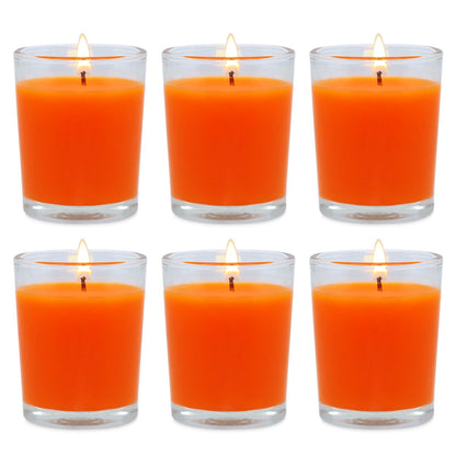 6 Pack Unscented Orange Votive Candles in Glass, 2 Inch Natural Soy Wax Scentless Fall Harvest Autumn Candles for Halloween Thanksgiving Wedding Party Home Holiday Relaxation, 12-15 Hour Burning Time