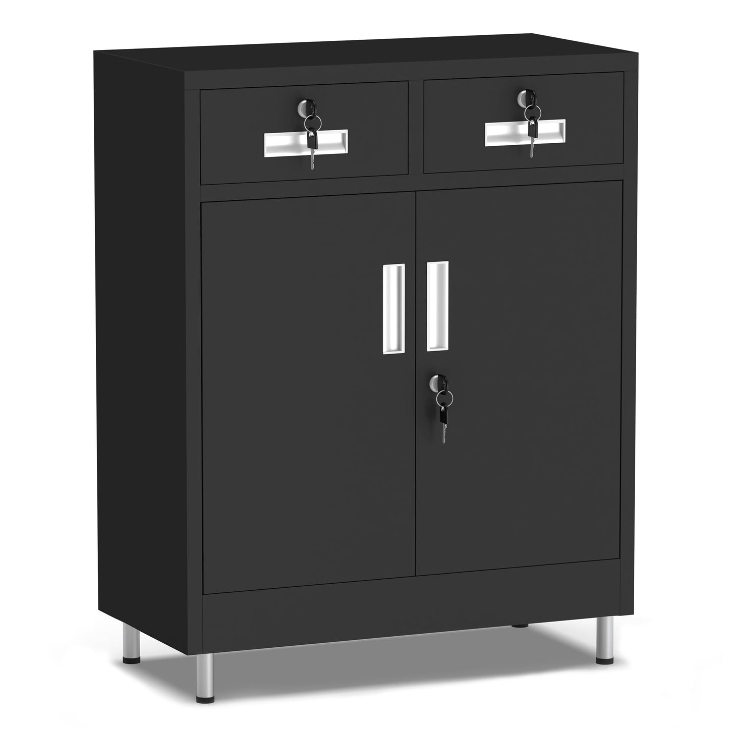 JINGUR Metal Storage Cabinet with Locking Doors and 2 Drawers, Lockable Storage Cabinet with Adjustable Shelf for Home Office Garage Entryway Pantry (Black)