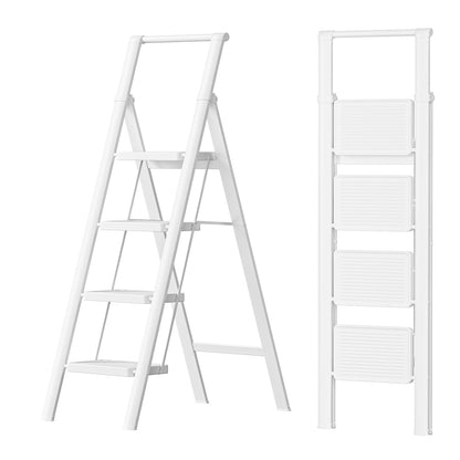 SOLADDER 4 Step Ladder with Handrails, Anti-Slip and Foldable Step Stool with Widen Pedals, Portable Stepladders for Home, Kitchen and Indoor, Space Saving, Iron Material, 300lbs, White