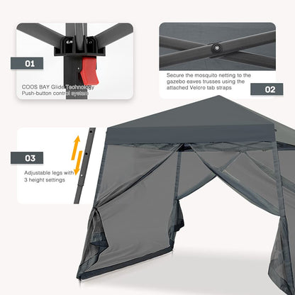 COOS BAY 10x10 Pop Up Canopy Tent with Screen Netting, Slant Leg Canopy with UPF 50+ UV Protection, 64 Sq Ft Shade, One Person Setup with Carry Bag, Gray