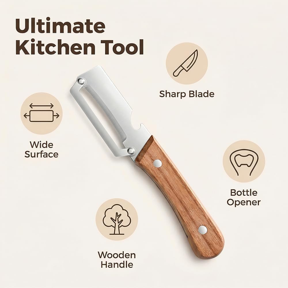 Skiennix Multi-Functional Vegetable Peeler - 2-in-1 Stainless Steel with Wooden Handle & Bottle Opener | 2 Pack