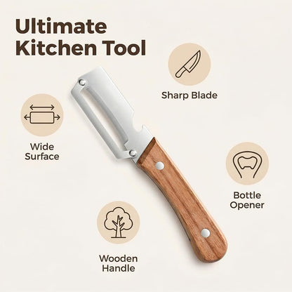 Skiennix Multi-Functional Vegetable Peeler - 2-in-1 Stainless Steel with Wooden Handle & Bottle Opener | 2 Pack