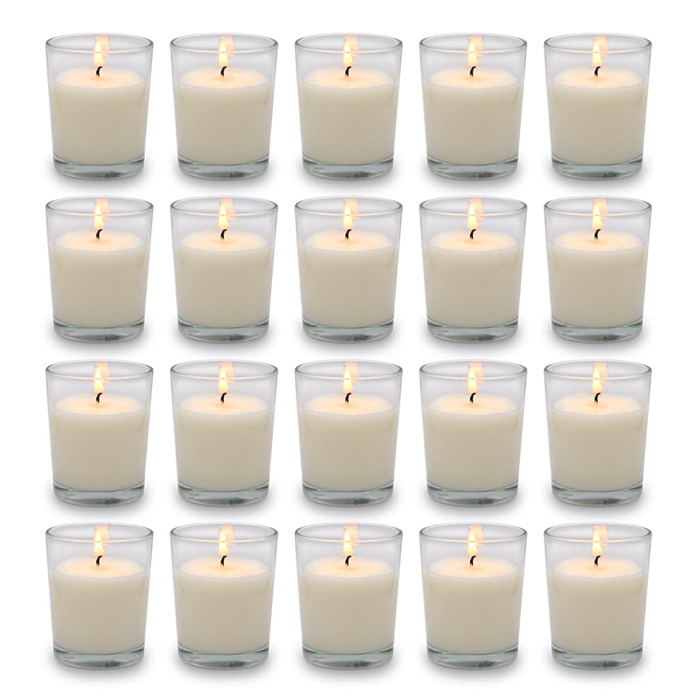 Set of 20 White Votive Candles Clear Glass Filled Unscented Soy Wax Candle for Home Spa Weddings Birthday Holidays Party and DIY