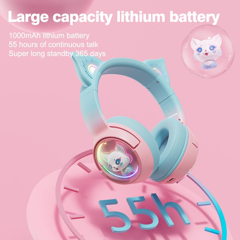 PHNIXGAM Cute Cat Bluetooth Headphones, Wireless & Wired Mode Headset with Mic, RGB LED Light, for Girls Women School Gaming, Compatible with Mobile Phones Tablet (Pink Blue)