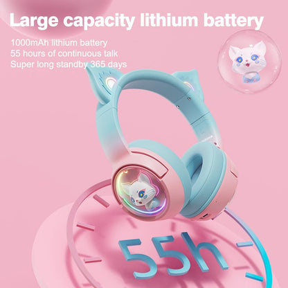 PHNIXGAM Cute Cat Bluetooth Headphones, Wireless & Wired Mode Headset with Mic, RGB LED Light, for Girls Women School Gaming, Compatible with Mobile Phones Tablet (Pink Blue)