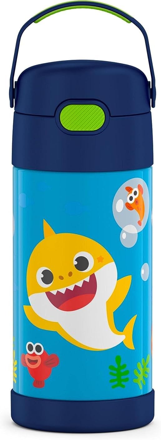 THERMOS FUNTAINER Water Bottle - 12 Ounce Kids Stainless Steel Vacuum Insulated with Straw | Baby Shark Design