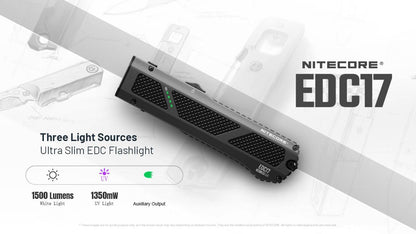 Nitecore EDC17 1500 Lumens EDC Flashlight – 3-in-1 with White Light, UV Black Light and Green Module, Slim Flat Stainless Steel, USB-C Rechargeable, Waterproof for Outdoor or Work