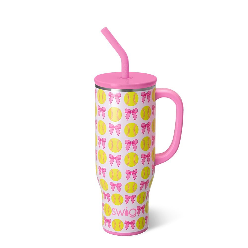 Swig Life 30oz Mega Mug, 30 oz Tumbler with Handle and Straw, Cup Holder Friendly, Dishwasher Safe, Stainless Steel Tumbler, Softball Gifts, Softball Water Bottle (Pitch Hit Run)