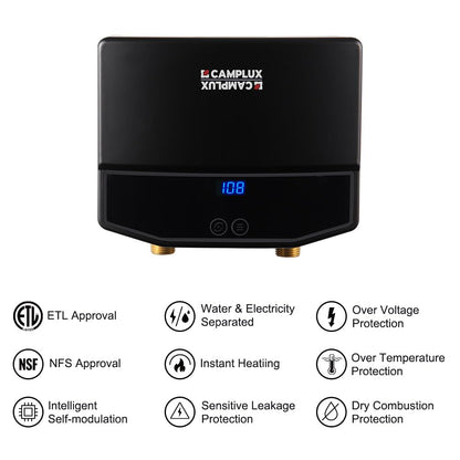 CAMPLUX Tankless Water Heater Electric 3.5kW 120V, Point-of-Use Hot Water Heater Digital Display, Self-modulating, Overheating Protection, Black