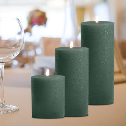 BASK Mottled Dark Green Pillar Candles - Unscented, Dripless, Smokeless Set of 3 for All Occasions
