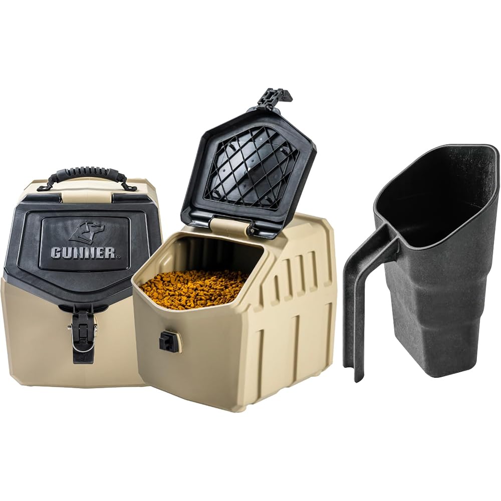 GUNNER 30 lbs Tan Dog Food Storage Container with Measuring Scoop – Waterproof & Airtight Pet Food Bin for Dry Food, Corn, Chicken Feed, Bird Seed & Treats – 3 Cup Ergonomic Scooper with Markers