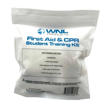 WNL Products 1402SF 100 Pack First Aid & CPR Training Kits for Students, Includes CPR Training Face Shield, Guaze Pads, Latex-Free Gloves & Bandages, 100 Pack