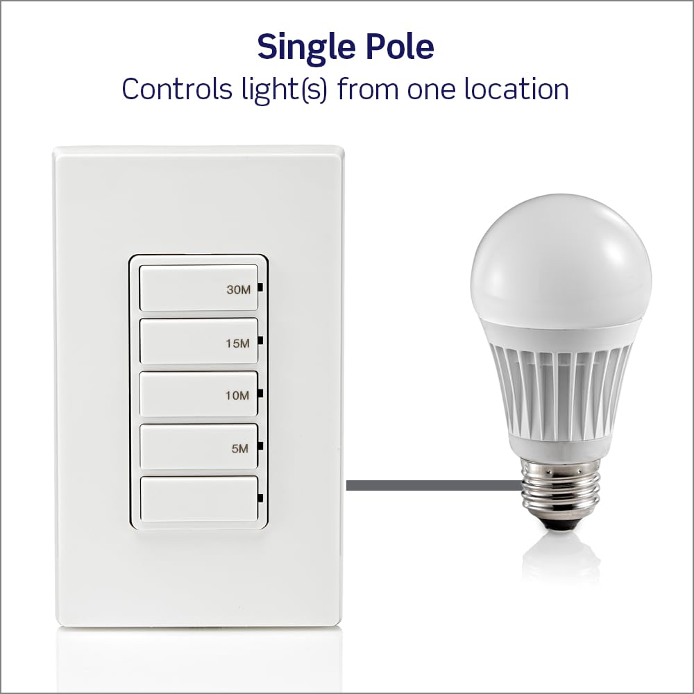 Leviton Countdown Timer Switch for bathroom fan and household lights, 5-10-15-30 min, No Neutral Required, Single Pole, 15A, 1/2 HP/9.8A Fan/Motor, DT130-1LW, White
