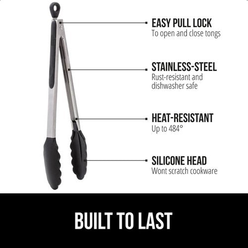 GORILLA GRIP Stainless Steel Kitchen Tongs - Heat Resistant, Non-Scratch Silicone Tips, Set of 2 | 7 & 9 Inch, Black