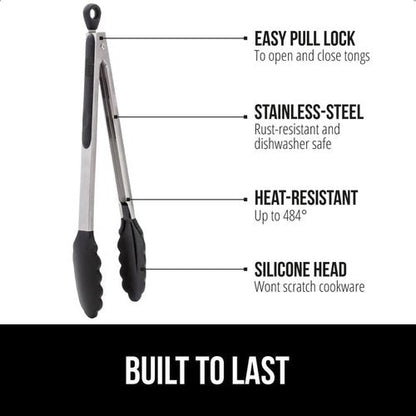 GORILLA GRIP Stainless Steel Kitchen Tongs - Heat Resistant, Non-Scratch Silicone Tips, Set of 2 | 7 & 9 Inch, Black