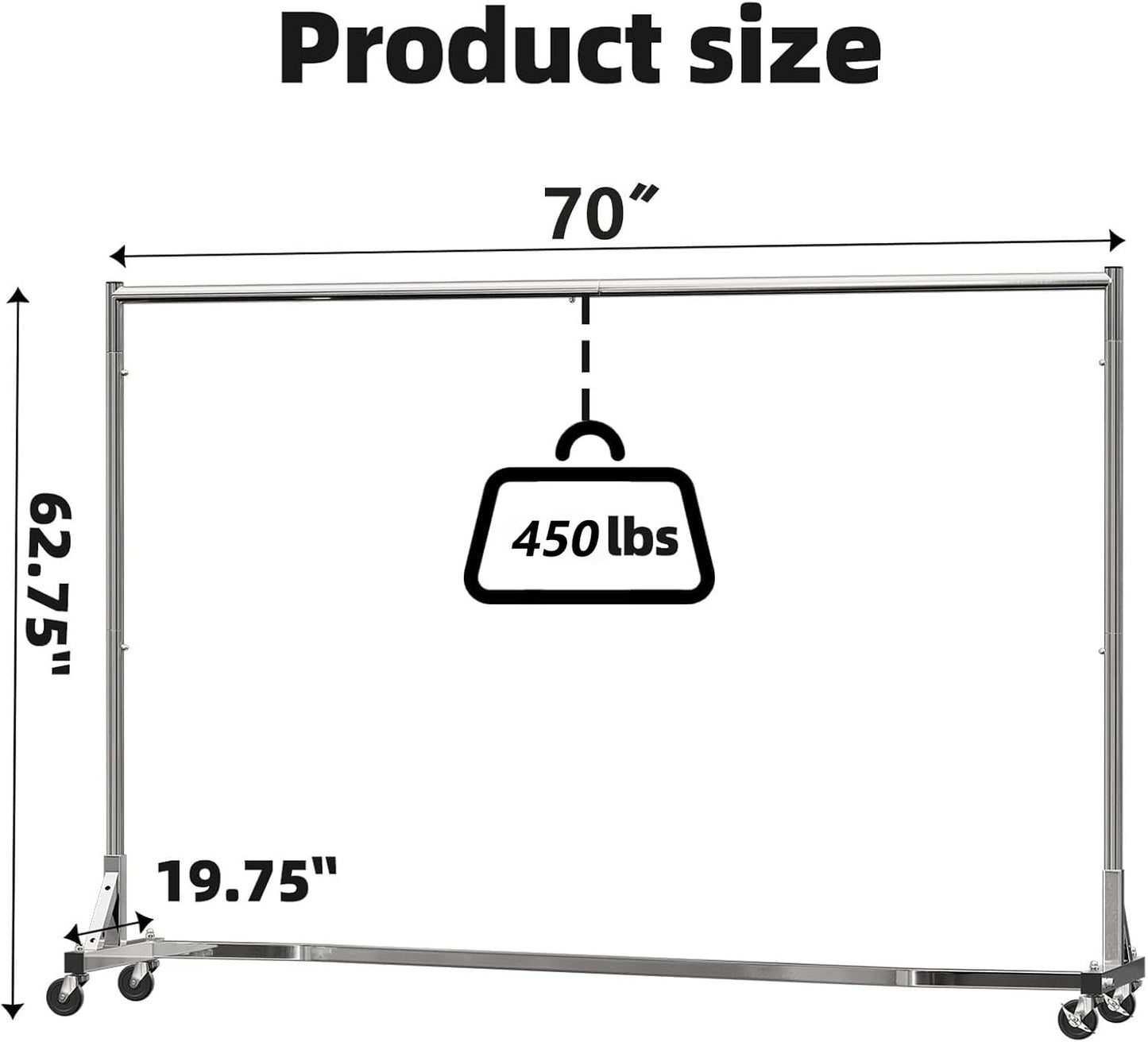Simple Trending Industrial Grade Z Base 70in extra long Clothes Garment Rack, Commercial Grade Rolling Clothing Rack, Heavy Duty 450lb Load with Wheels, Chrome
