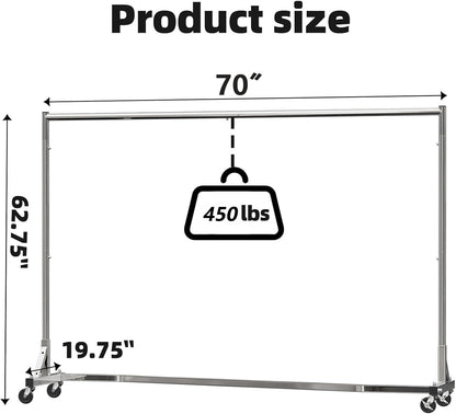 Simple Trending Industrial Grade Z Base 70in extra long Clothes Garment Rack, Commercial Grade Rolling Clothing Rack, Heavy Duty 450lb Load with Wheels, Chrome