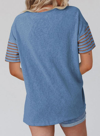 SHEWIN Womens Shirts Casual Short Sleeve Tshirt Loose Crewneck Color Block Tee Shirt Side Spilt Summer Tops for Women Trendy 2025 Blue Orange S