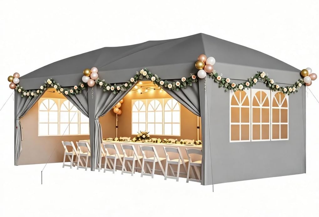 10x20 ft Party Tent, Heavy Duty Pop Up Commercial Canopy with 6 Removable Sidewalls, Waterproof Outdoor Wedding Event Shelter for Patio Backyard Gathering, Grey