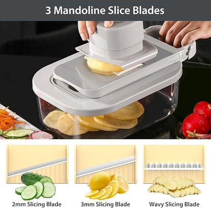 Skiennix 11-in-1 Mandoline Vegetable Chopper - Multifunctional Slicer with Container for Salad & Fruit (Beige)