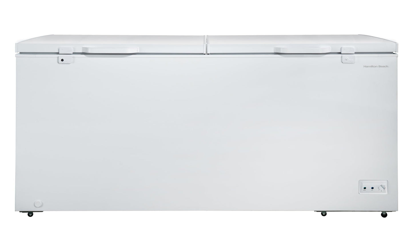 Hamilton Beach HBFRF2129 21 cu ft Double Door LID Garage-Ready Chest Freezer-White, Vinyl-Coated Baskets, Space-Saving Flat Back, Stay-Open, Front-Access Drain, for Storage, Hunting, Large Family