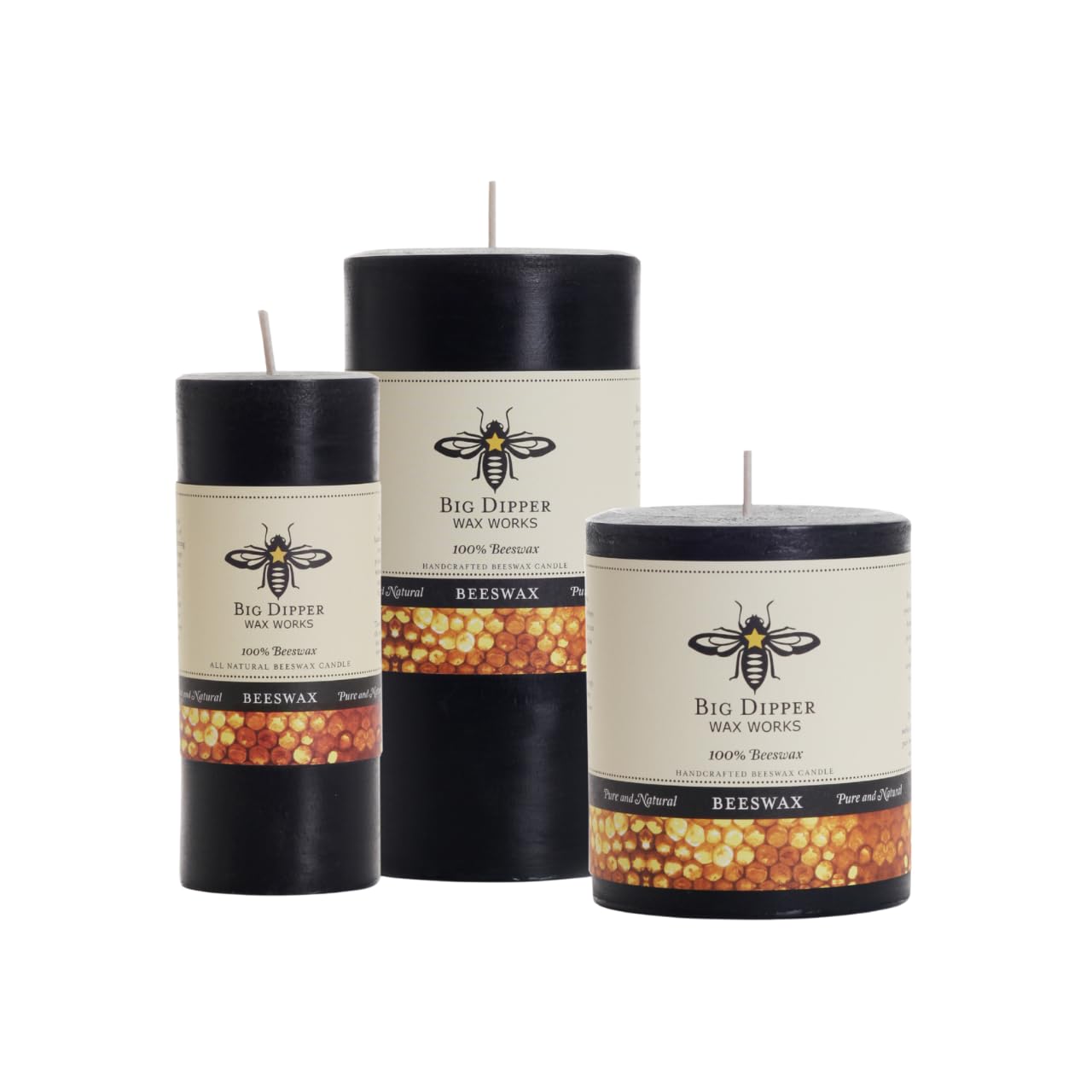 Big Dipper Wax Works Black Pillar Candle, 90-Hour Long Burn, Pure Beeswax Candle, 3" x 6”