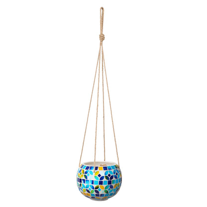 Chonsun Ceramic Hanging Planter Mosaic Hanging Flower Pot Small Plant Pot for Indoor Plant Garden Decor Disco Ball Planter with Drainage Square Blue